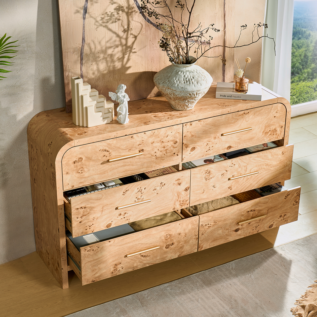 Vintagearth 6 Drawer Dresser for Bedroom, 54" Wide Storage Cabinet with Thick FSC-Certified Wood, Curved Edge Design, Large Capacity, Light Burl