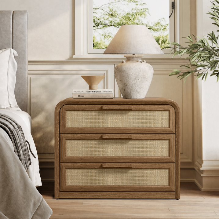 Vintagearth 30"W Nightstand, Curved FSC-certified 1.18“ Thick Bedside Table, Mid‑Century Rattan End Table for Bedroom Living Room, 3 Drawers, Natural Oak