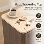 Vintagearth Nightstand Set of 2, 23.11" W Rattan Faux Marble Top Bedside Table, FSC-Certified 1.97" Thick Wood End Table, 1 Drawer & 1 Open Storage Shelf, Dark Oak