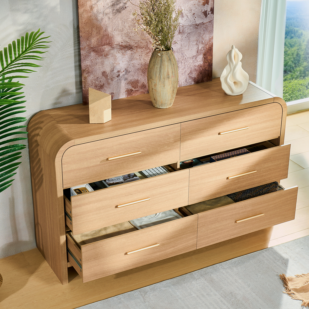 Vintagearth 6 Drawer Dresser for Bedroom, 54" Wide Storage Cabinet with Thick FSC-Certified Wood, Curved Edge Design, Large Capacity, Oak
