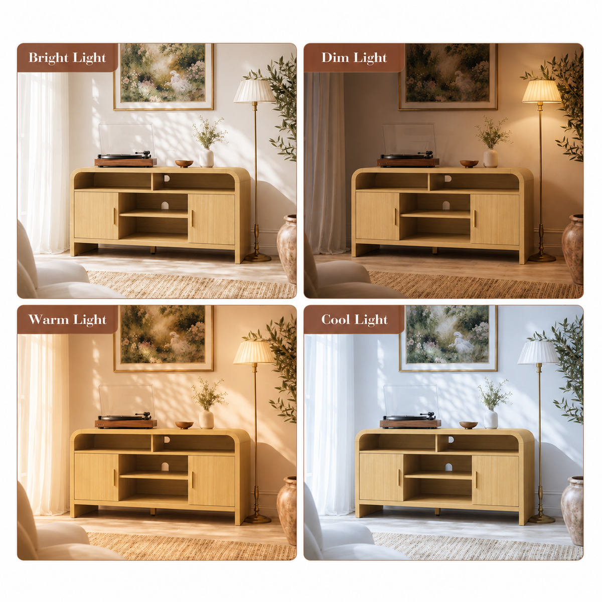 Vintagearth Modern Oak TV Stand for TVs up to 65", Curved Edge Entertainment Center with Storage Cabinets, Open Shelves, 1.22" FSC-Certified Thick Board, Golden Oak