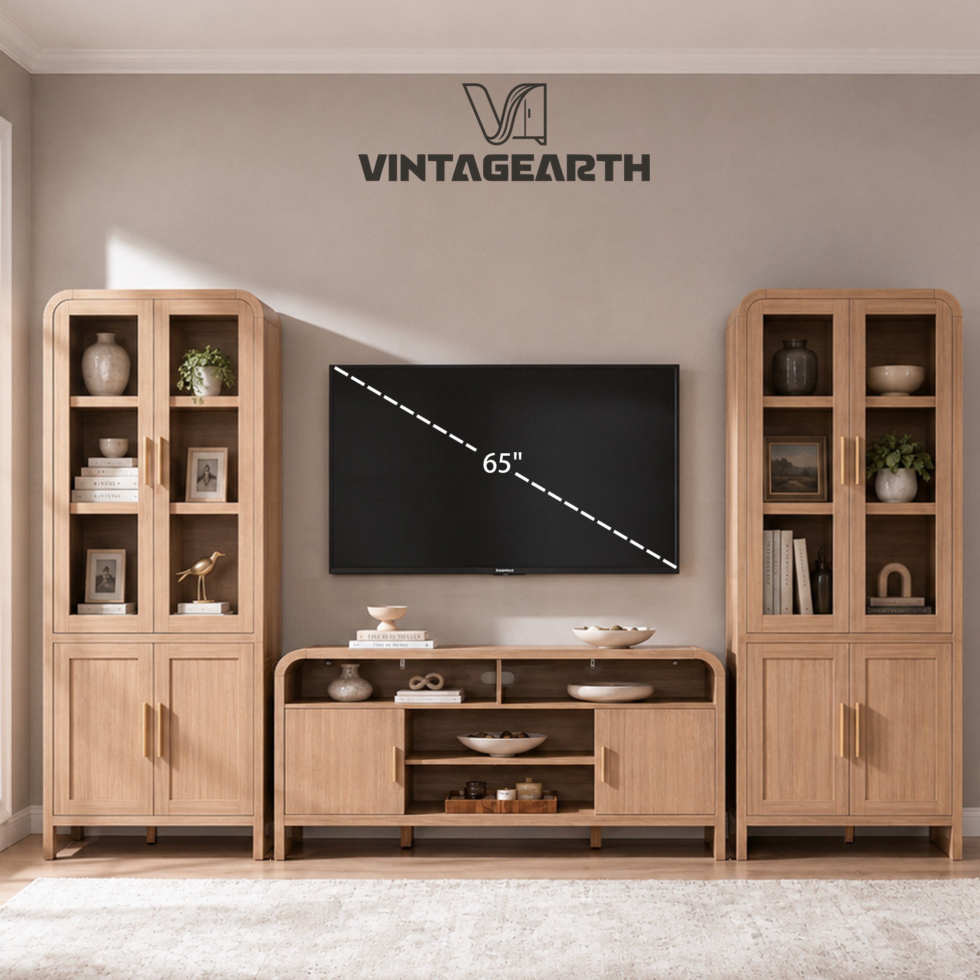Vintagearth 3-Piece Oak TV Stand Set for TVs up to 65", Modern Entertainment Center with 2 Tall Storage Cabinets, Adjustable Shelves, Cable Management, FSC-Certified Engineered Wood, Oak