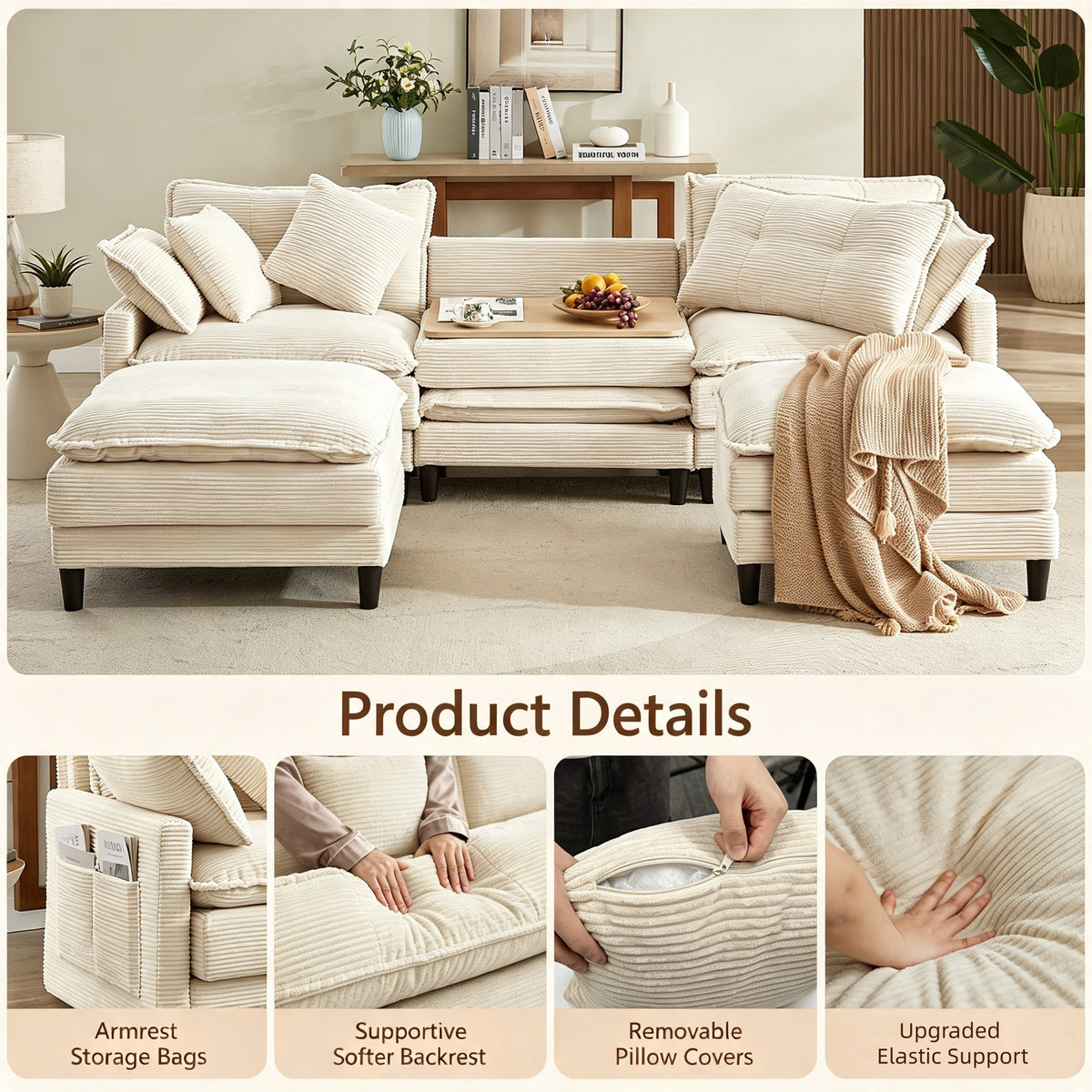 Vintagearth 108'' Modular Sectional Sofa U Shaped Cloud Couch with 2 Ottomans & 4 Pillows, Tool-free Easy Assembly for Living Room Apartment, Beige