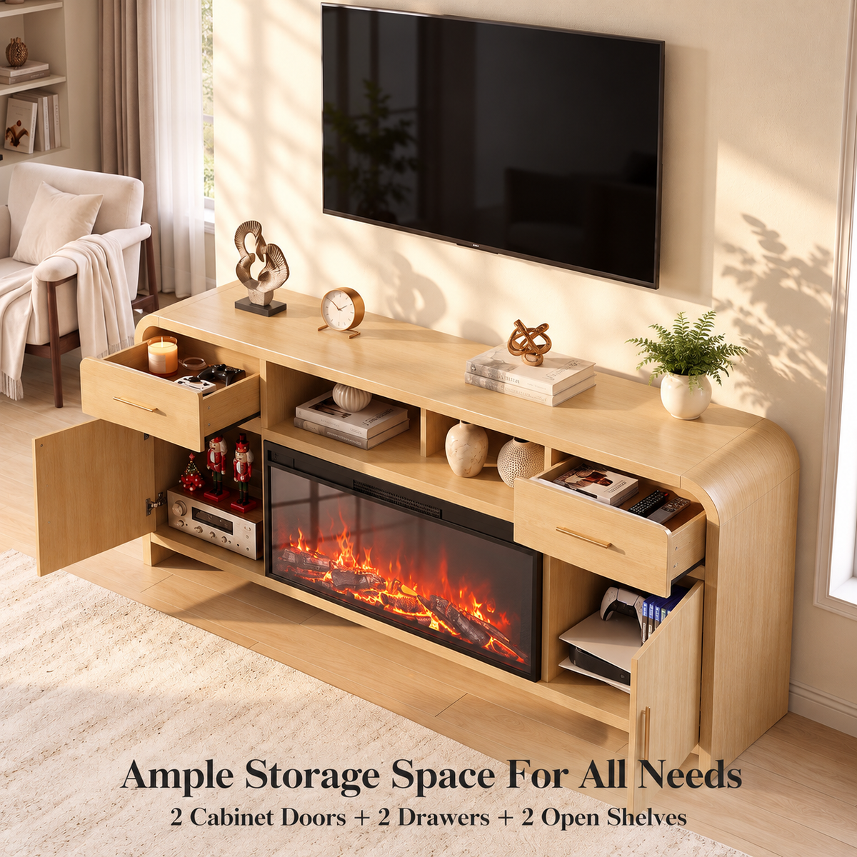 Vintagearth 70.86" Fireplace TV Stand for TVs up to 80", 36" Electric Fireplace Entertainment Center with Storage, Natural Oak