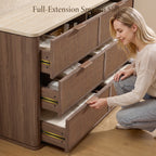 Vintagearth 6 Drawer Dresser for Bedroom, Rattan Fronts Faux Travertine Top 54.5" Wide Chest of Drawers, FSC-Certified Thick Wood, Dark Oak