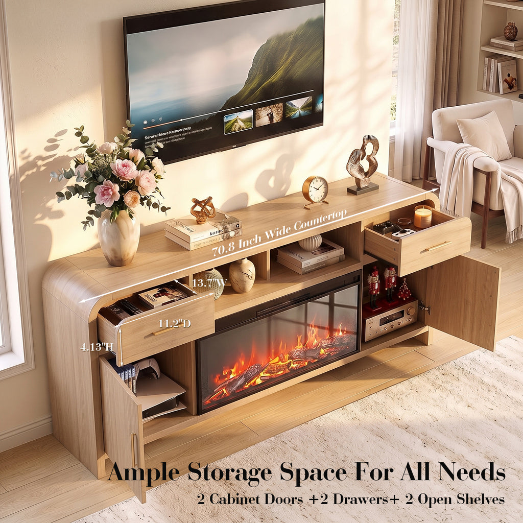 Vintagearth 70.86" Fireplace TV Stand for TVs up to 80", 36" Electric Fireplace Entertainment Center with Storage, Oak