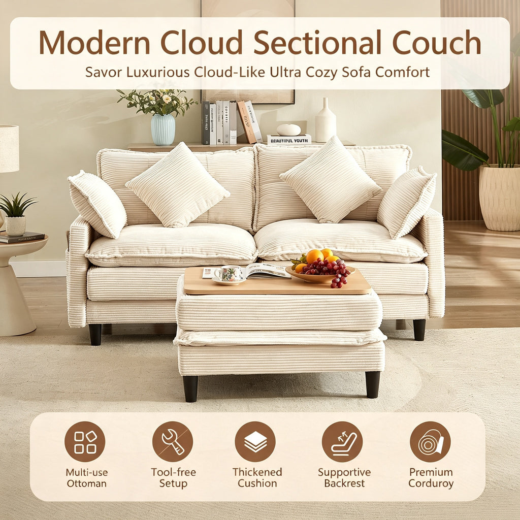 Vintagearth 73.5'' Sectional Modular Sofa Cloud Couch with 1 Ottomans & 4 Pillows Tool-free Easy Assembly for Living Room Apartment, Beige
