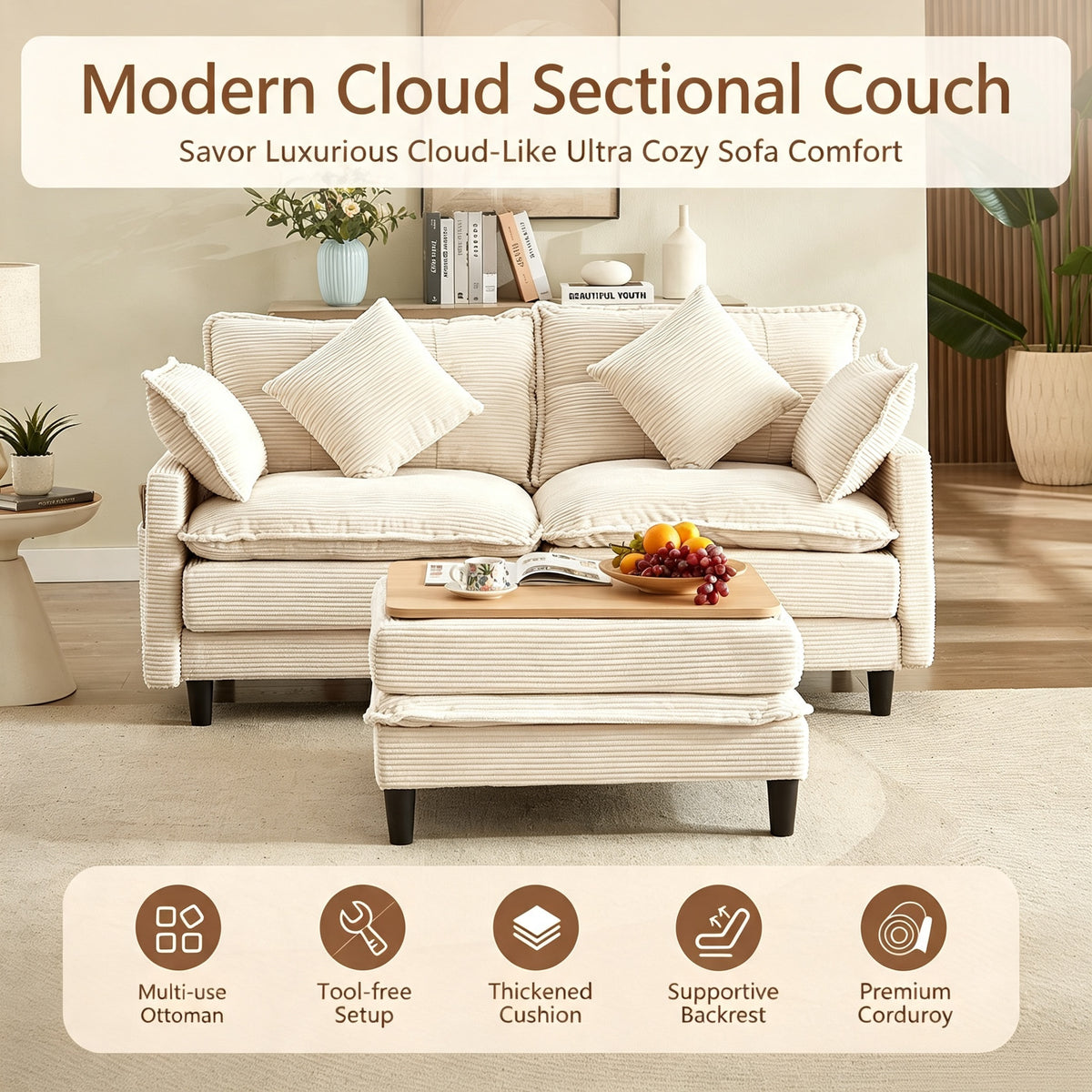 Vintagearth 73.5'' Sectional Modular Sofa Cloud Couch with 1 Ottomans & 4 Pillows Tool-free Easy Assembly for Living Room Apartment, Beige