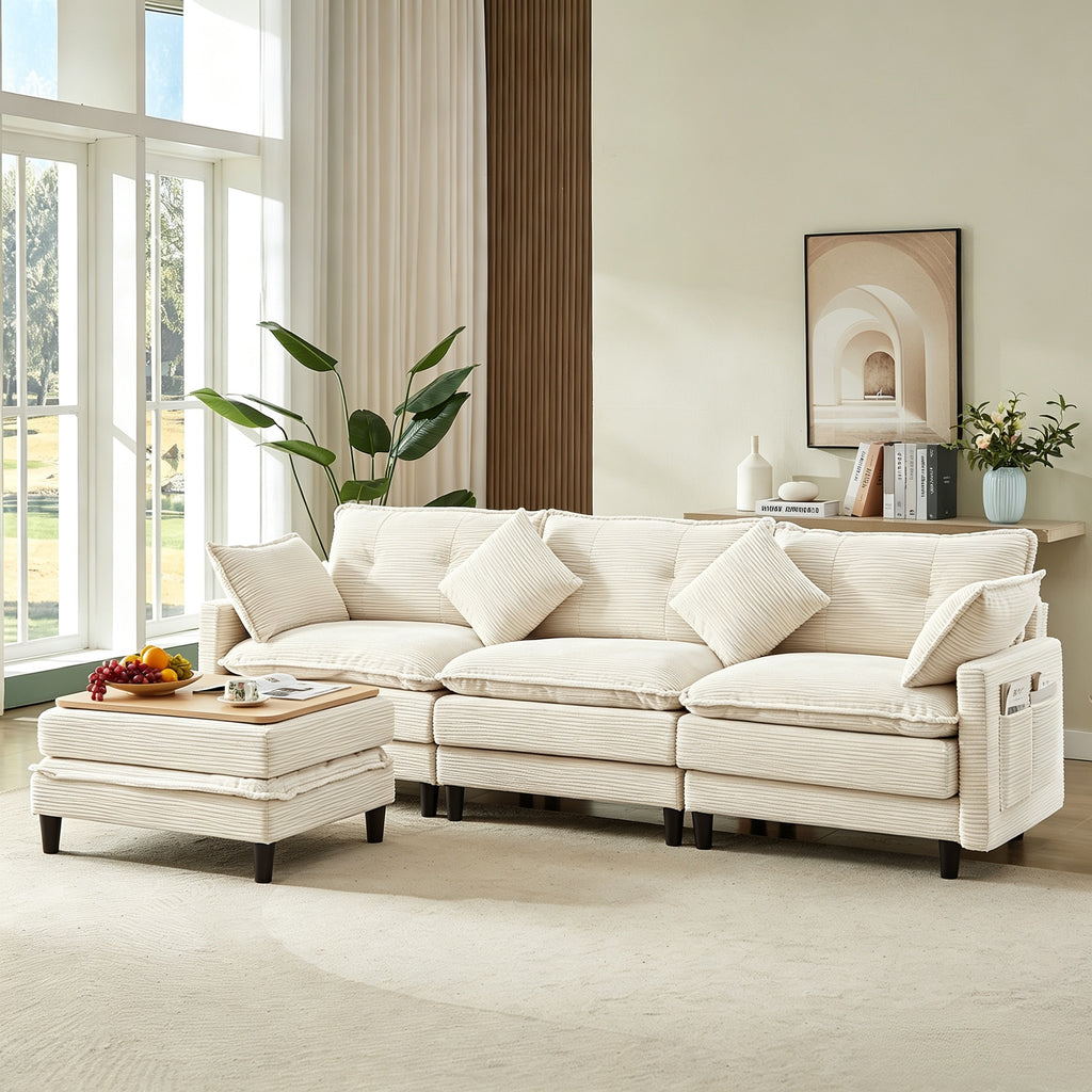 Vintagearth 108'' Sectional Modular Sofa L Shaped Cloud Couch with 1 Ottomans & 4 Pillows Tool-free Easy Assembly for Living Room Apartment, Beige