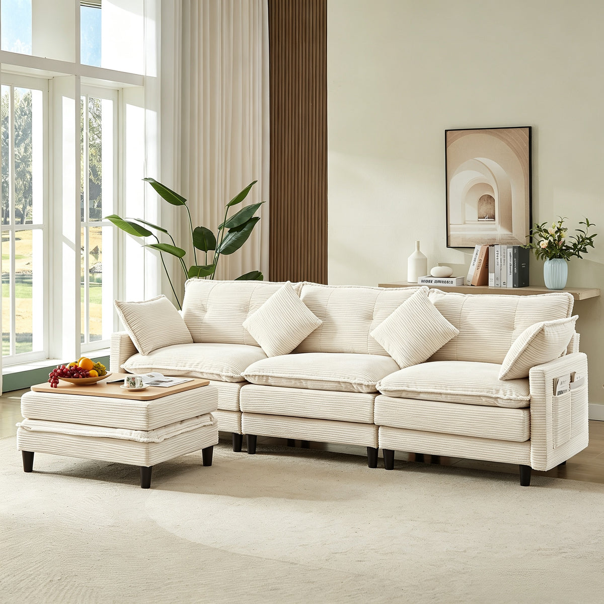 Vintagearth 108'' Sectional Modular Sofa L Shaped Cloud Couch with 1 Ottomans & 4 Pillows Tool-free Easy Assembly for Living Room Apartment, Beige