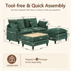 Vintagearth 73.5'' Sectional Modular Sofa Cloud Couch with 2 Ottomans & 4 Pillows Tool-free Easy Assembly for Living Room Apartment, Green