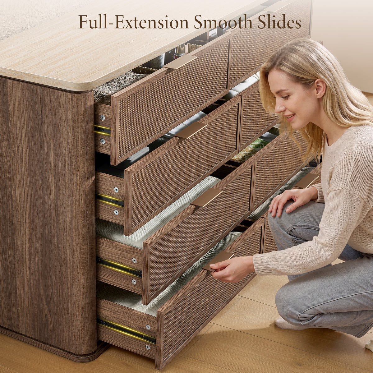 Vintagearth 8 Drawer Dresser for Bedroom, Rattan Fronts Faux Travertine Top 54.5" Wide Chest of Drawers, FSC-Certified Thick Wood, Dark Oak