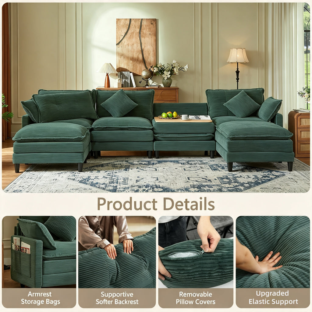 Vintagearth 141'' Cloud Couch U Shape Sectional Modular Sofa with 2 Ottomans & 4 Pillows Tool-free Easy Assembly for Living Room Apartment, Green