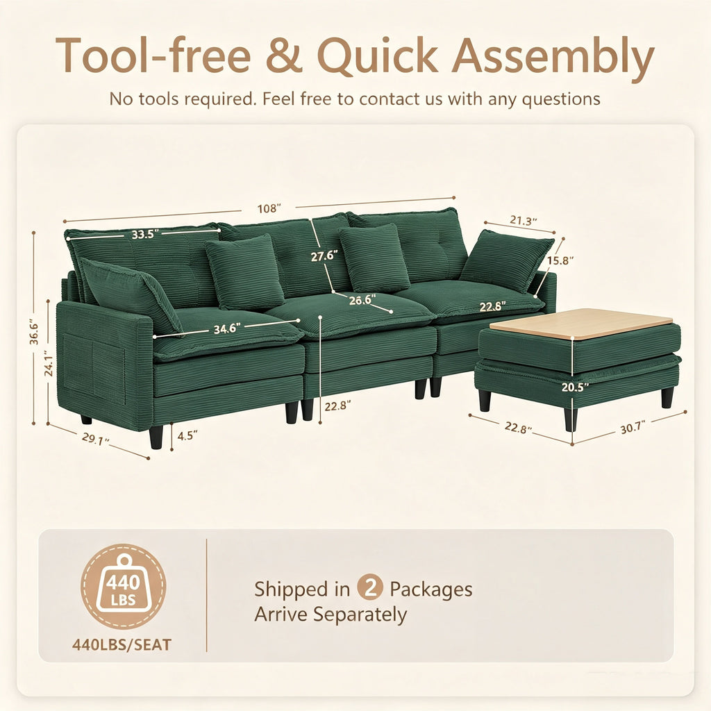 Vintagearth 108'' Sectional Modular Sofa L Shaped Cloud Couch with 1 Ottomans & 4 Pillows Tool-free Easy Assembly for Living Room Apartment, Green
