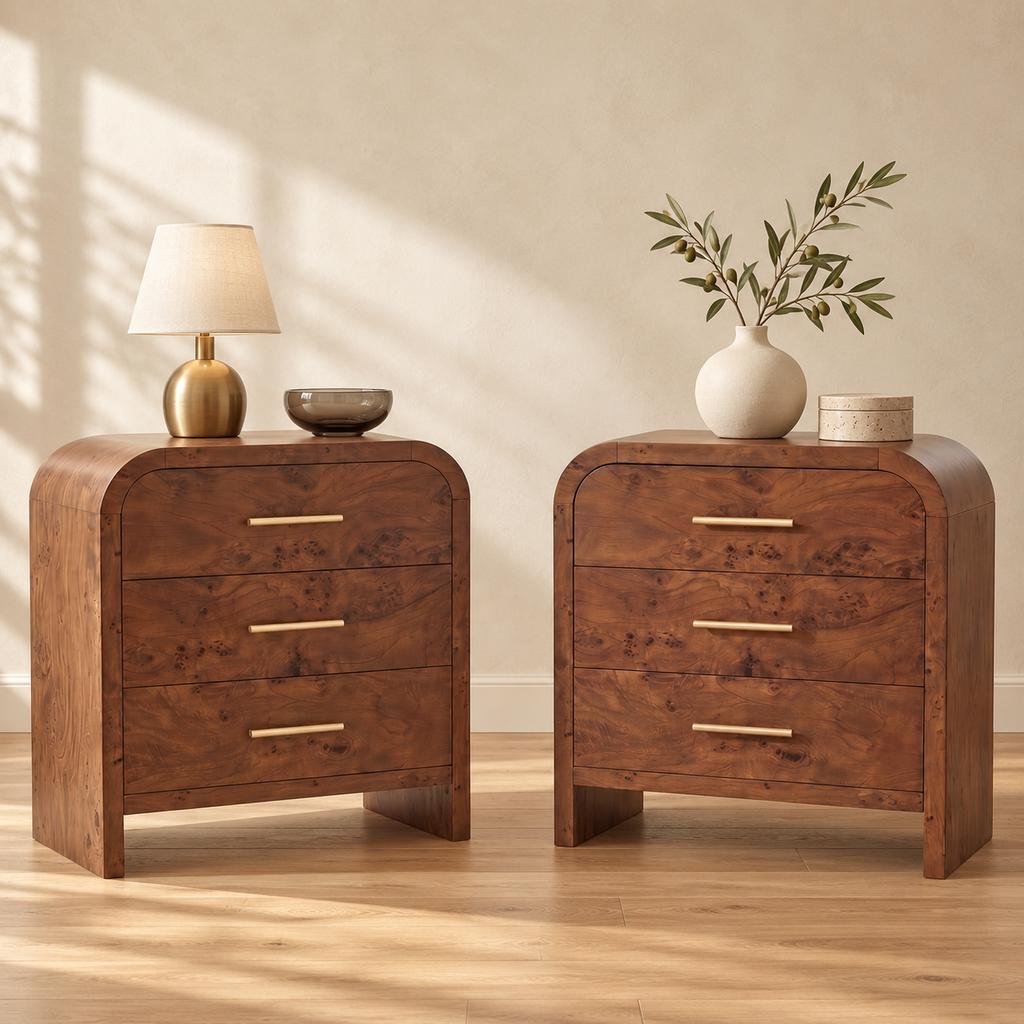Vintagearth Nightstand Set of 2, 26.7" Tall Modern Bedside Table with 1.18" Thick FSC Certified Wood, 3 Drawer, Dark Burl