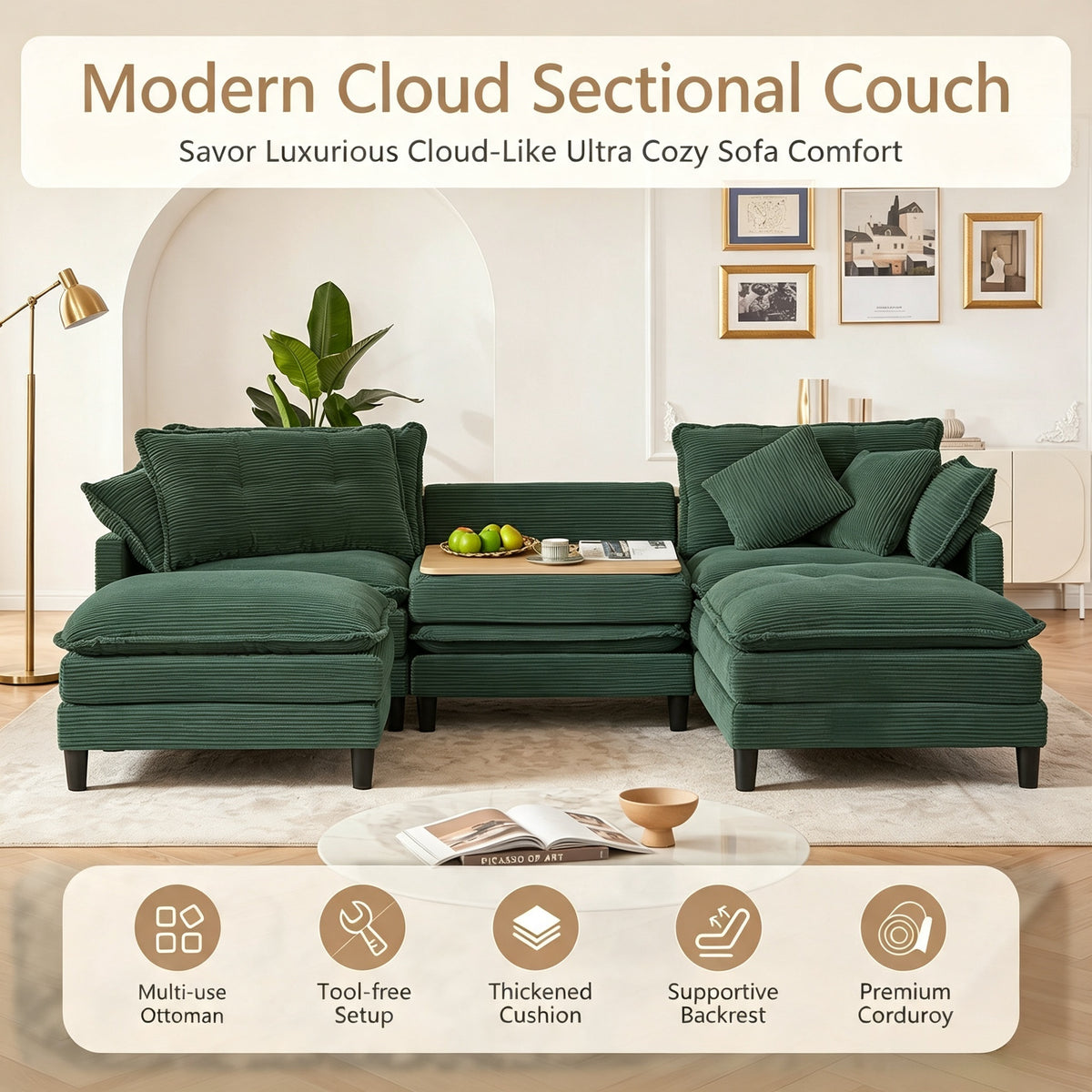 Vintagearth 108'' Modular Sectional Sofa U Shaped Cloud Couch with 2 Ottomans & 4 Pillows, Tool-free Easy Assembly for Living Room Apartment, Green