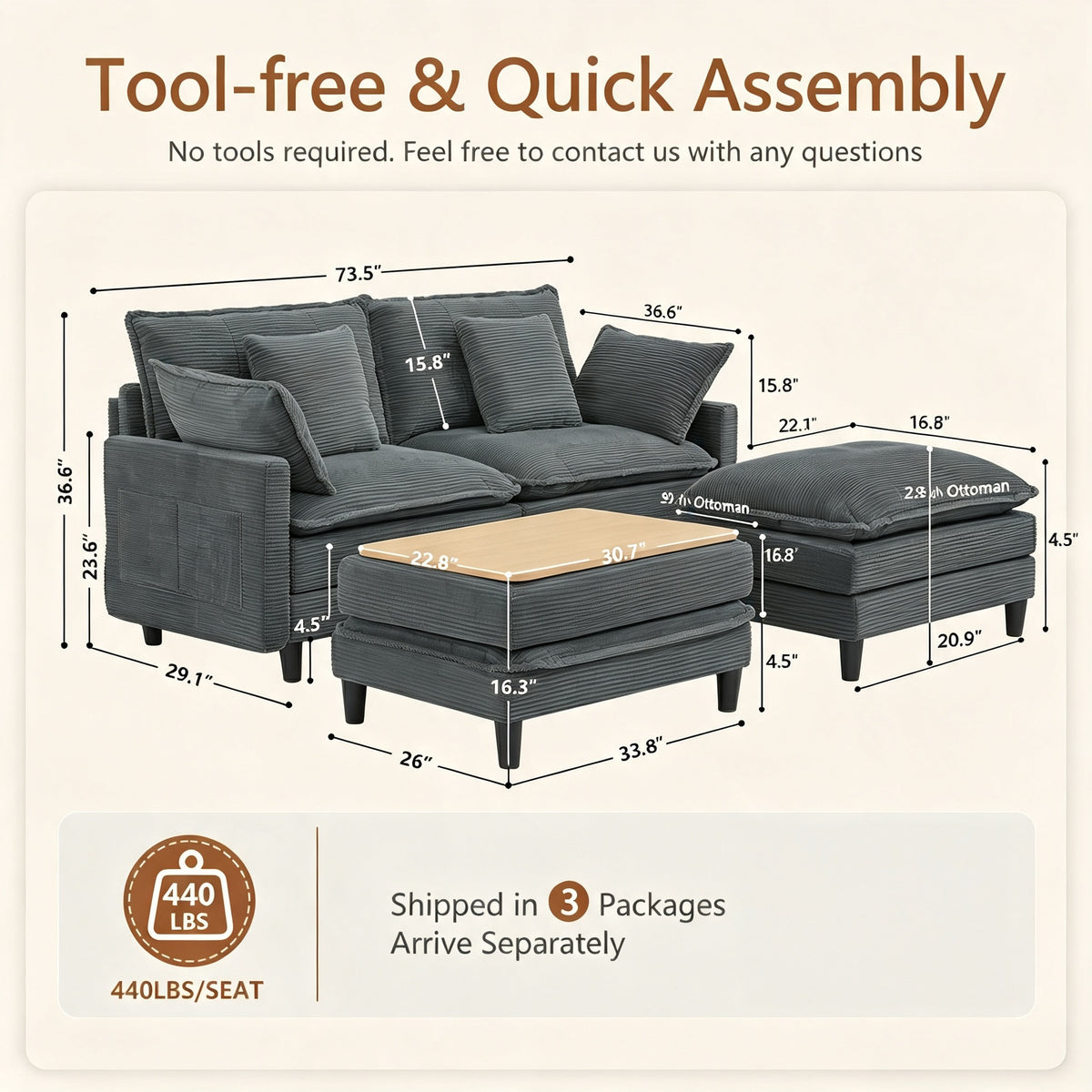 Vintagearth 73.5'' Sectional Modular Sofa Cloud Couch with 2 Ottomans & 4 Pillows Tool-free Easy Assembly for Living Room Apartment, Gray