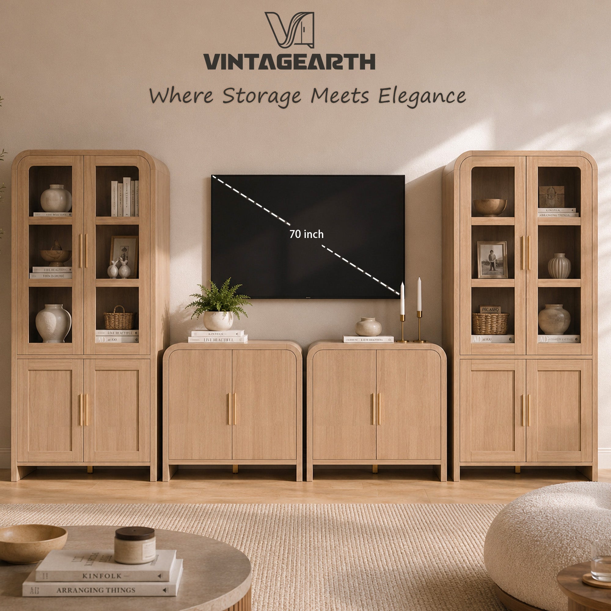 Vintagearth 4-Piece TV Stand Set for TVs up to 70", Modern Oak Entertainment Center with Storage, Freestanding Living Room Storage Cabinet Set with 2 Tall Cabinets and 2 Console Cabinets, Oak