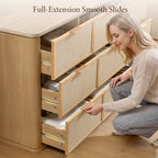 Vintagearth 9 Drawer Dresser for Bedroom, Rattan Fronts Faux Travertine Top 63.1" Wide Chest of Drawers, FSC-Certified Thick Wood, Natural Oak