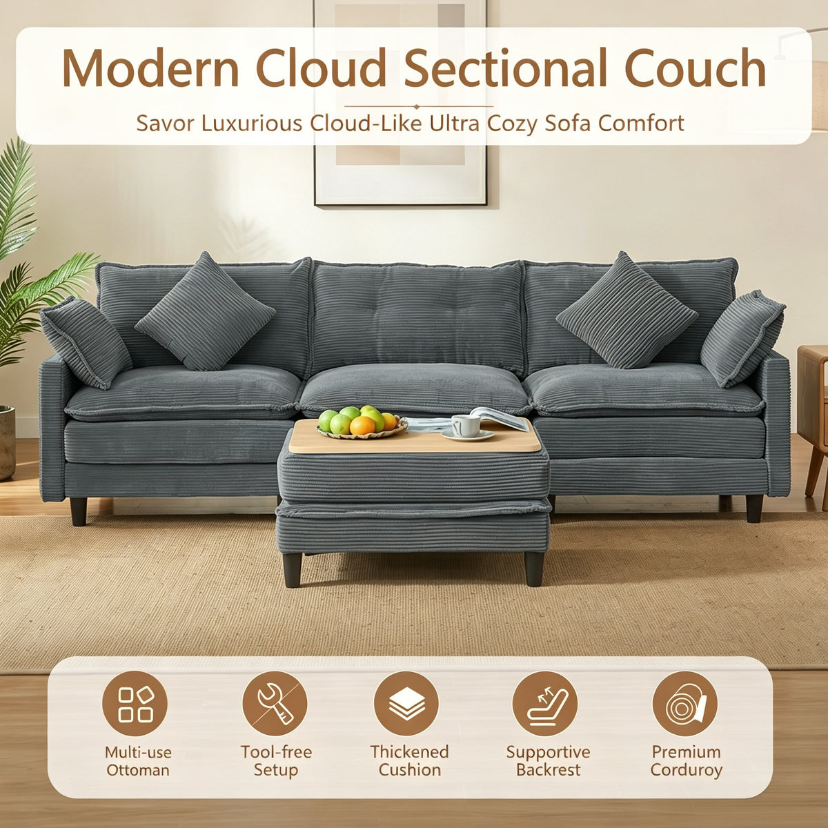 Vintagearth 108'' Sectional Modular Sofa L Shaped Cloud Couch with 1 Ottomans & 4 Pillows Tool-free Easy Assembly for Living Room Apartment, Gray