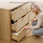 Vintagearth 6 Drawer Dresser for Bedroom, Rattan Fronts Faux Travertine Top 54.5" Wide Chest of Drawers, FSC-Certified Thick Wood, Natural Oak