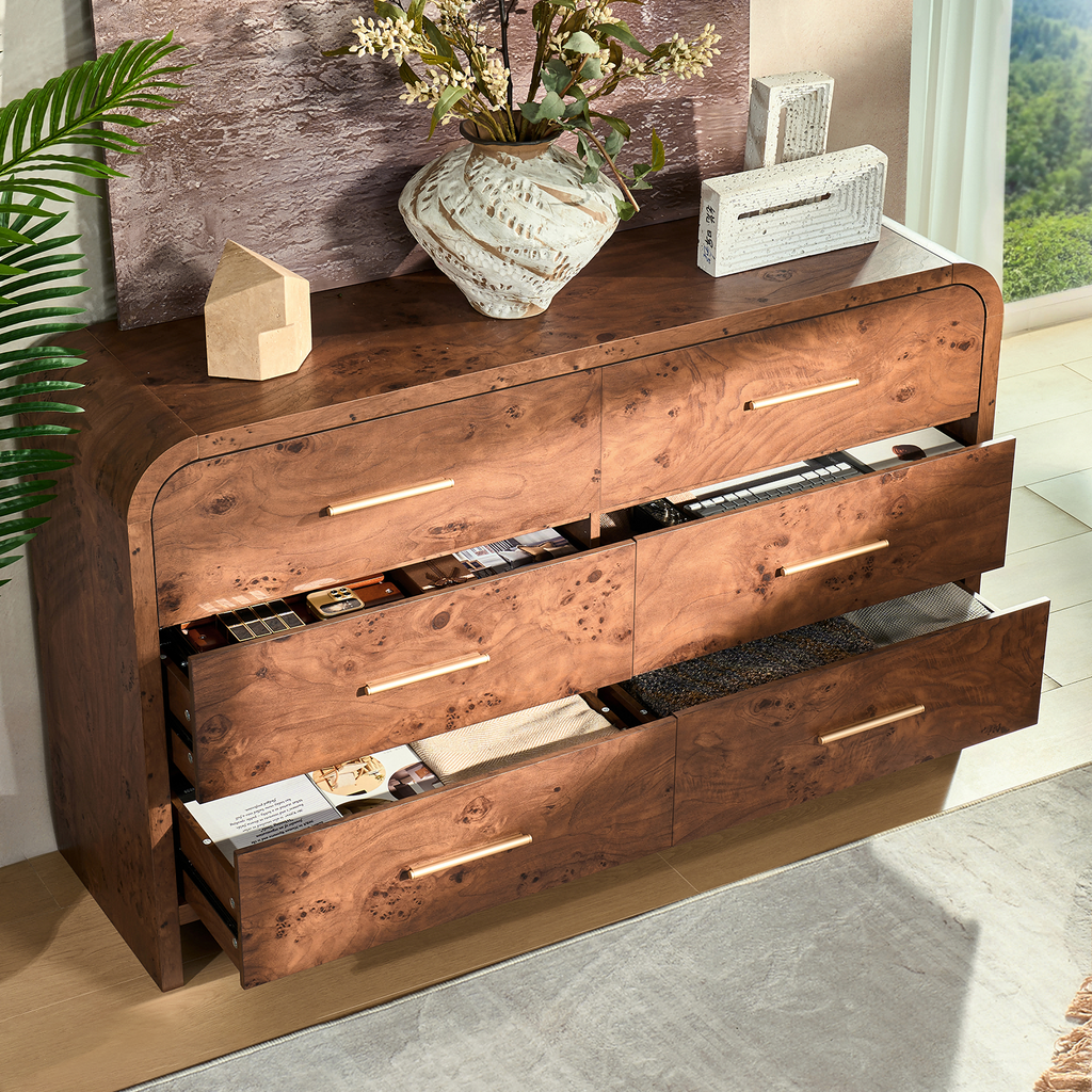 Vintagearth 6 Drawer Dresser for Bedroom, 54" Wide Storage Cabinet with Thick FSC-Certified Wood, Curved Edge Design, Large Capacity, Dark Burl