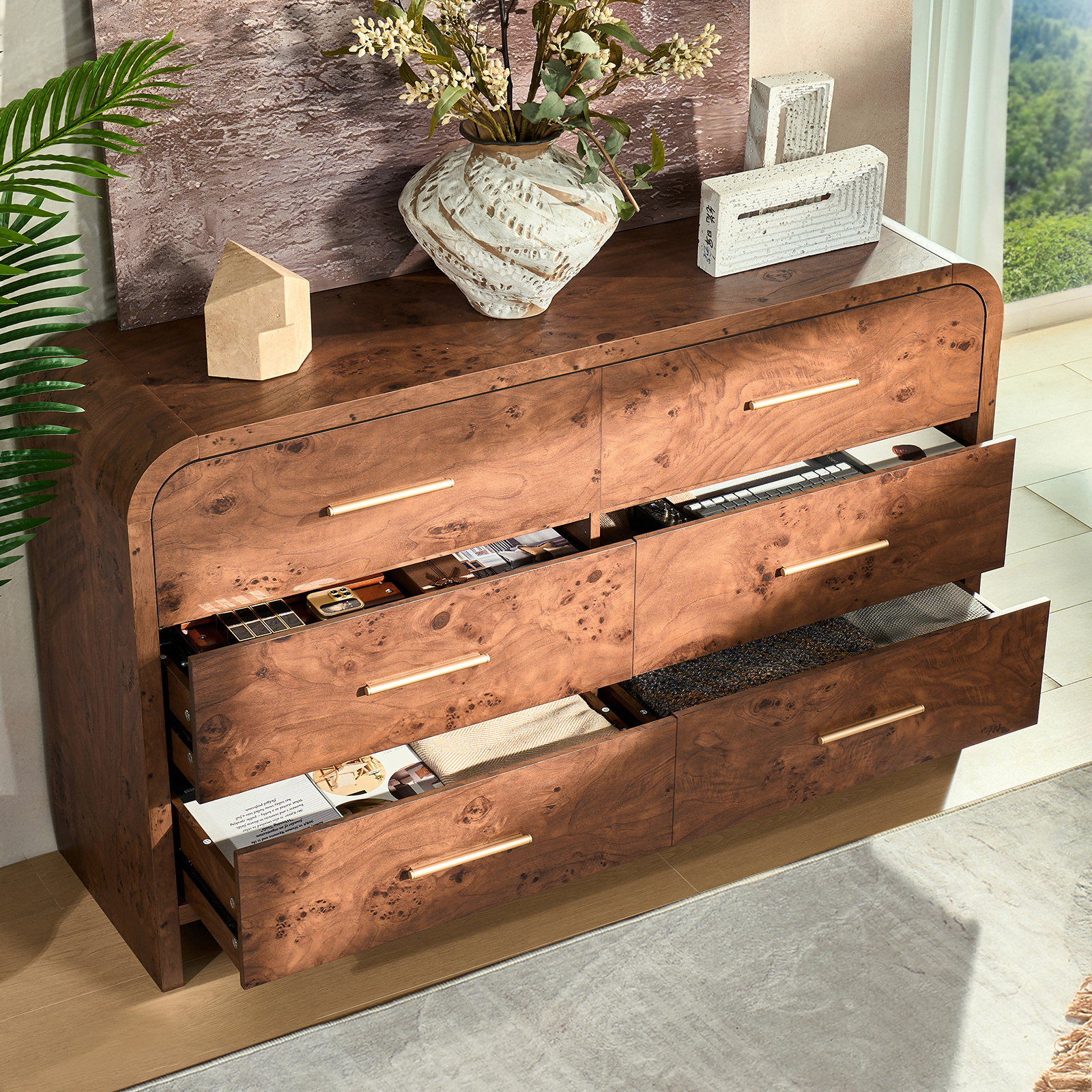 Vintagearth 6 Drawer Dresser for Bedroom, 54" Wide Storage Cabinet with Thick FSC-Certified Wood, Curved Edge Design, Large Capacity, Dark Burl