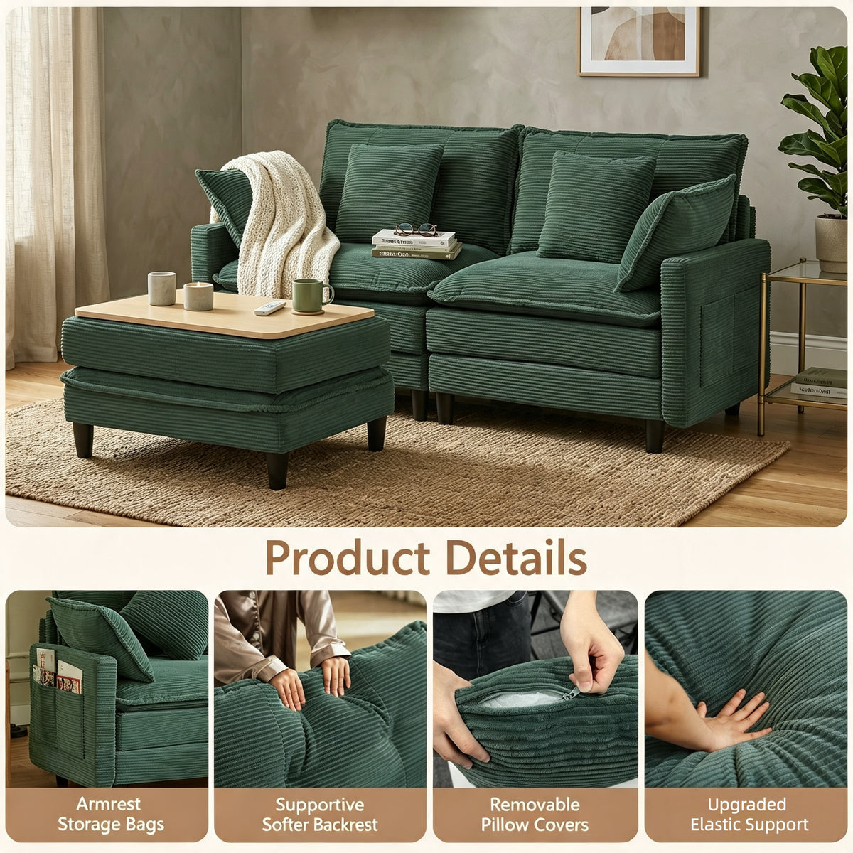 Vintagearth 73.5'' Sectional Modular Sofa Cloud Couch with 1 Ottomans & 4 Pillows Tool-free Easy Assembly for Living Room Apartment, Green
