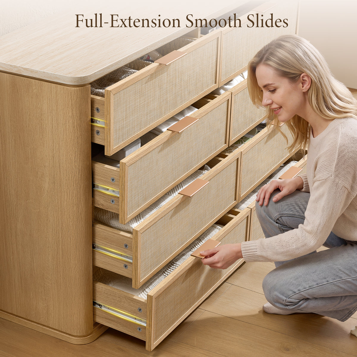 Vintagearth 8 Drawer Dresser for Bedroom, Rattan Fronts Faux Travertine Top 54.5" Wide Chest of Drawers, FSC-Certified Thick Wood, Natural Oak