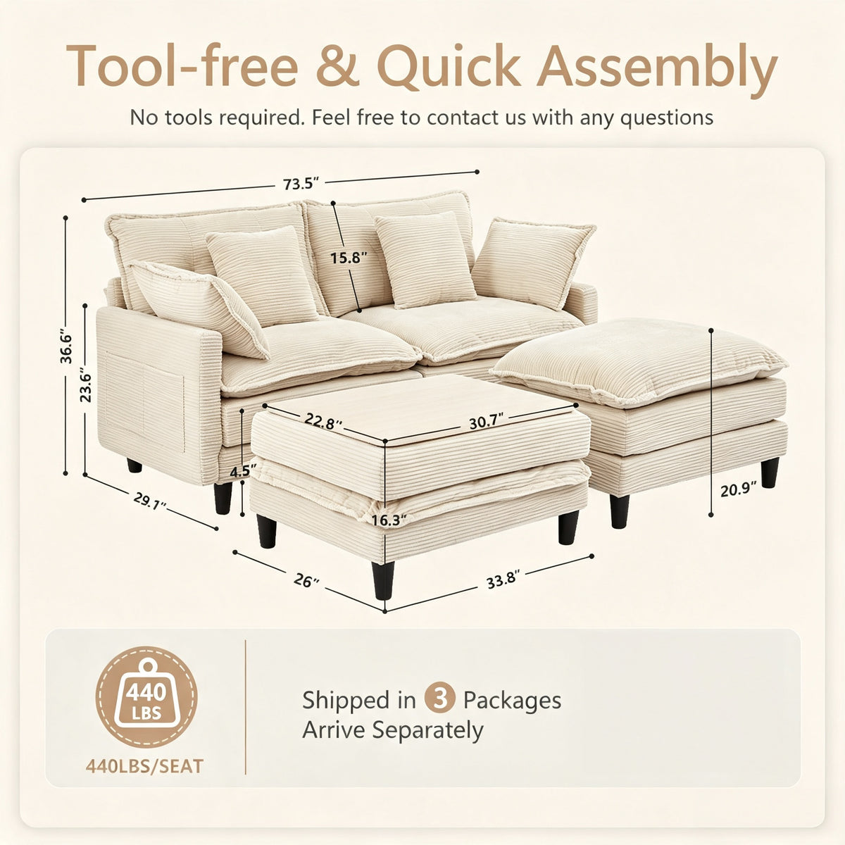 Vintagearth 73.5'' Sectional Modular Sofa Cloud Couch with 2 Ottomans & 4 Pillows Tool-free Easy Assembly for Living Room Apartment, Beige