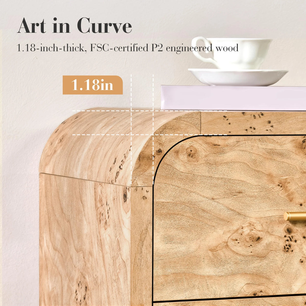 Vintagearth 9 Drawer Dresser for Bedroom, Curved 1.18" Thick FSC Certified Wood, Light Burl