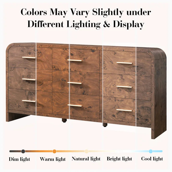 Vintagearth 9 Drawers Dresser for Bedroom, Curved FSC-certified Wood 1.18" Thick Board Dressers & Chests of Drawers for Living Room, Hallway, Entryway, Dark Burl