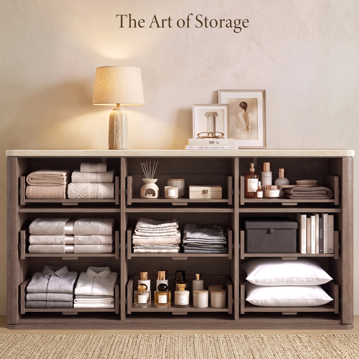 Vintagearth 9 Drawer Dresser for Bedroom, Rattan Fronts Faux Travertine Top 63.1" Wide Chest of Drawers, FSC-Certified Thick Wood, Dark Oak