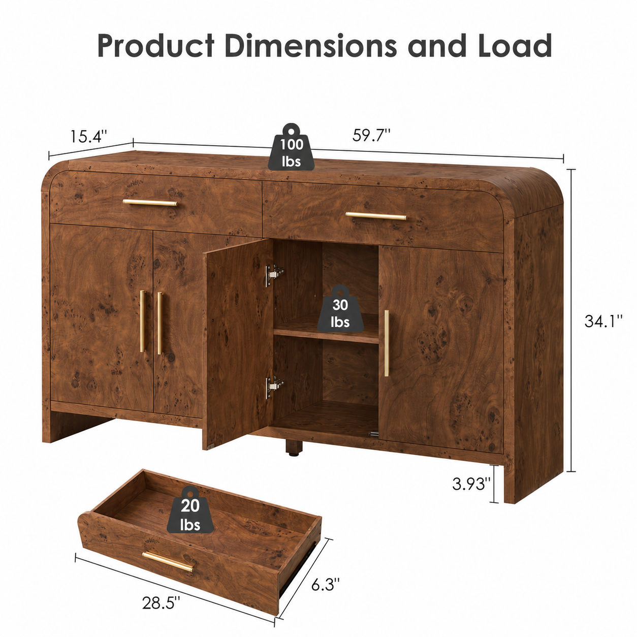 Vintagearth 60" Sideboard Buffet Cabinet with 2 Drawers & 4 Doors, Mid Century Storage Cabinet with Adjustable Shelves, Thick FSC-Certified Wood for Dining Room, Living Room & Entryway, Dark Burl