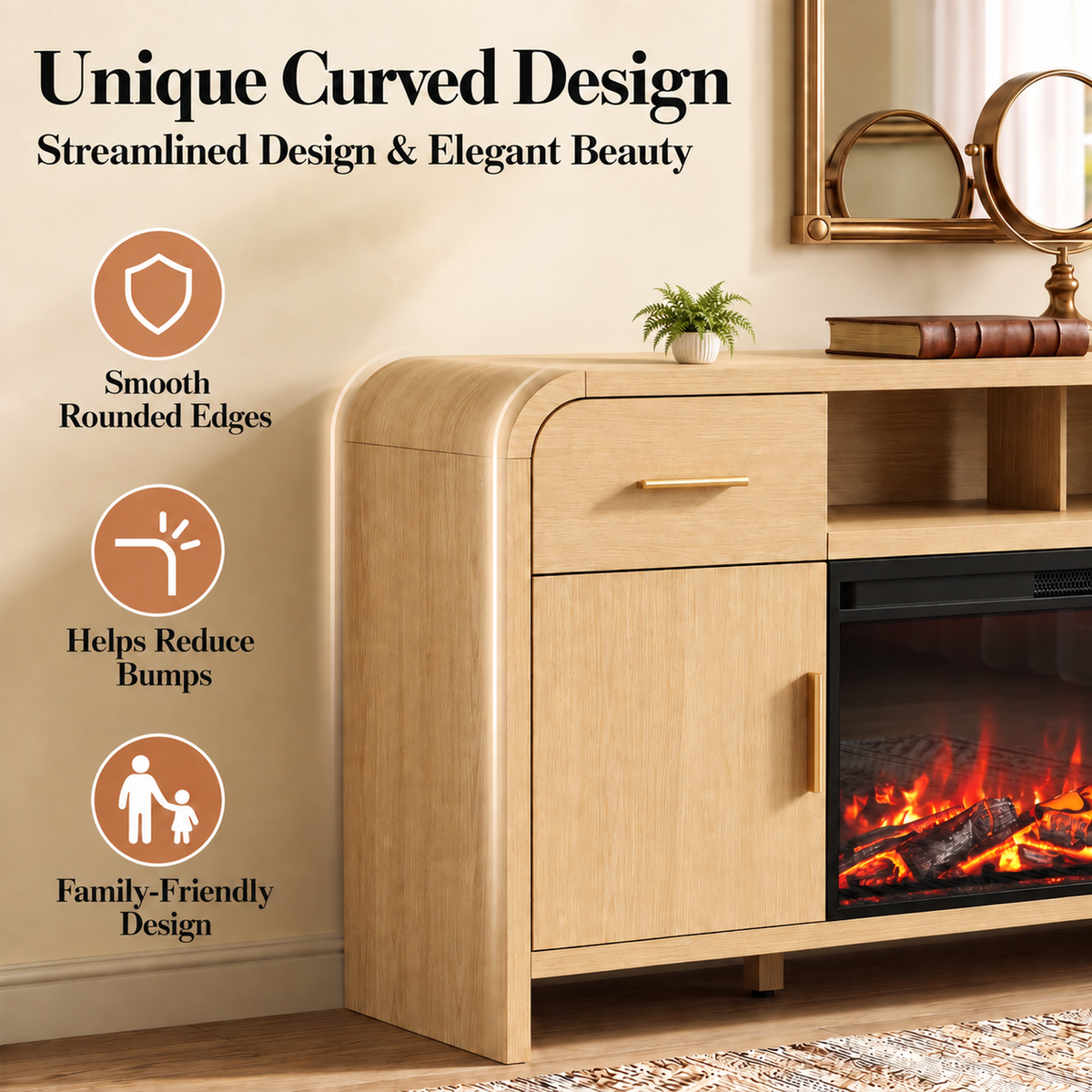 Vintagearth 70.86" Fireplace TV Stand for TVs up to 80", 36" Electric Fireplace Entertainment Center with Storage, Natural Oak