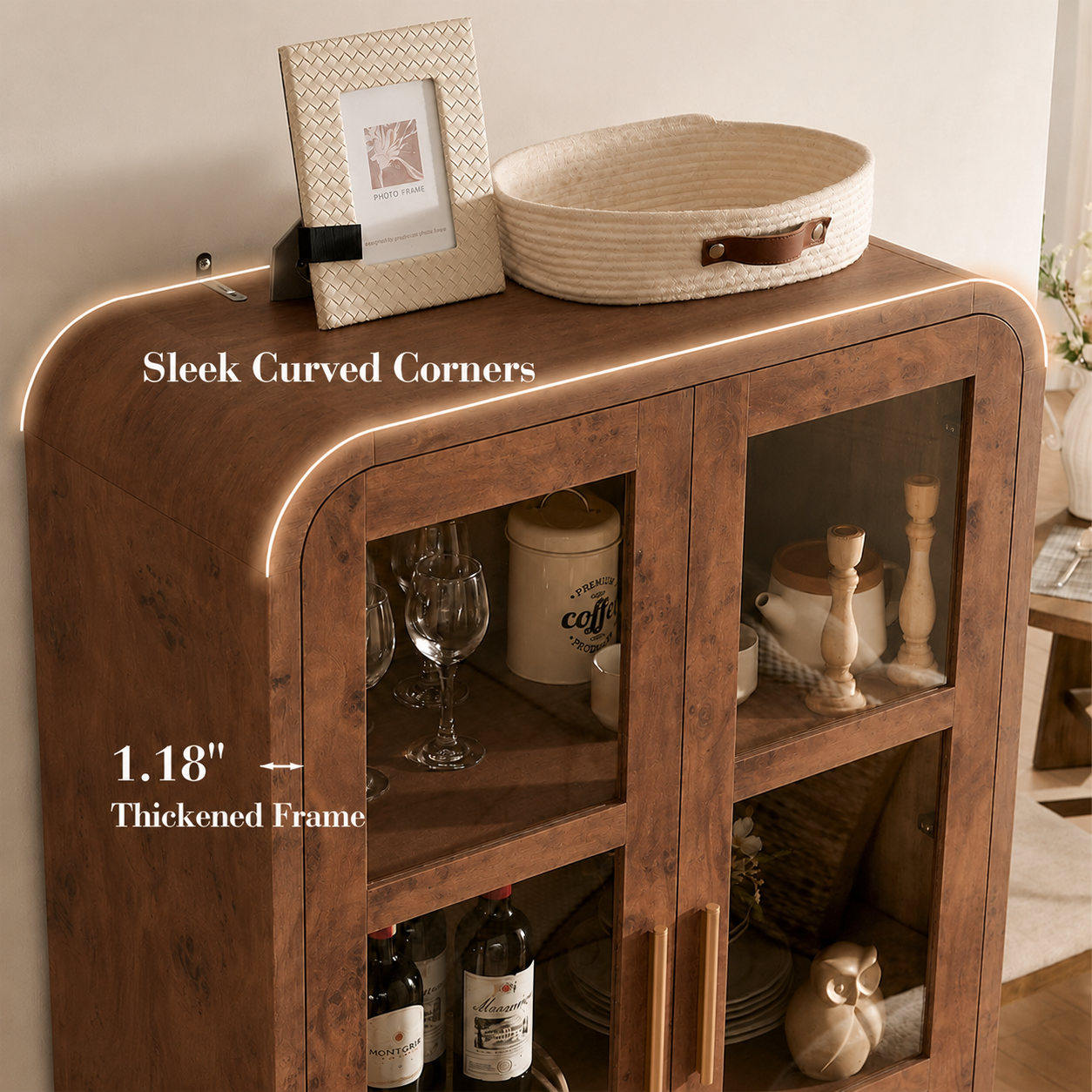 Vintagearth 77" Tall Kitchen Pantry Cabinet, 1.18'' Thick Panel Curved Storage Cupboard with Adjustable Shelf, Freestanding Organizer for Kitchen, Dining Room, Dark Burl, 2 pc