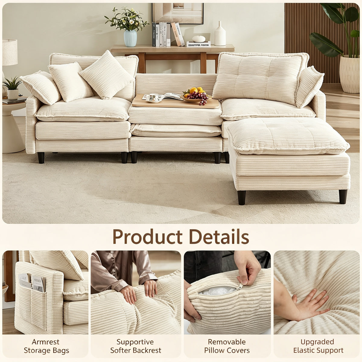 Vintagearth 108'' Sectional Modular Sofa L Shaped Cloud Couch with 1 Ottomans & 4 Pillows Tool-free Easy Assembly for Living Room Apartment, Beige