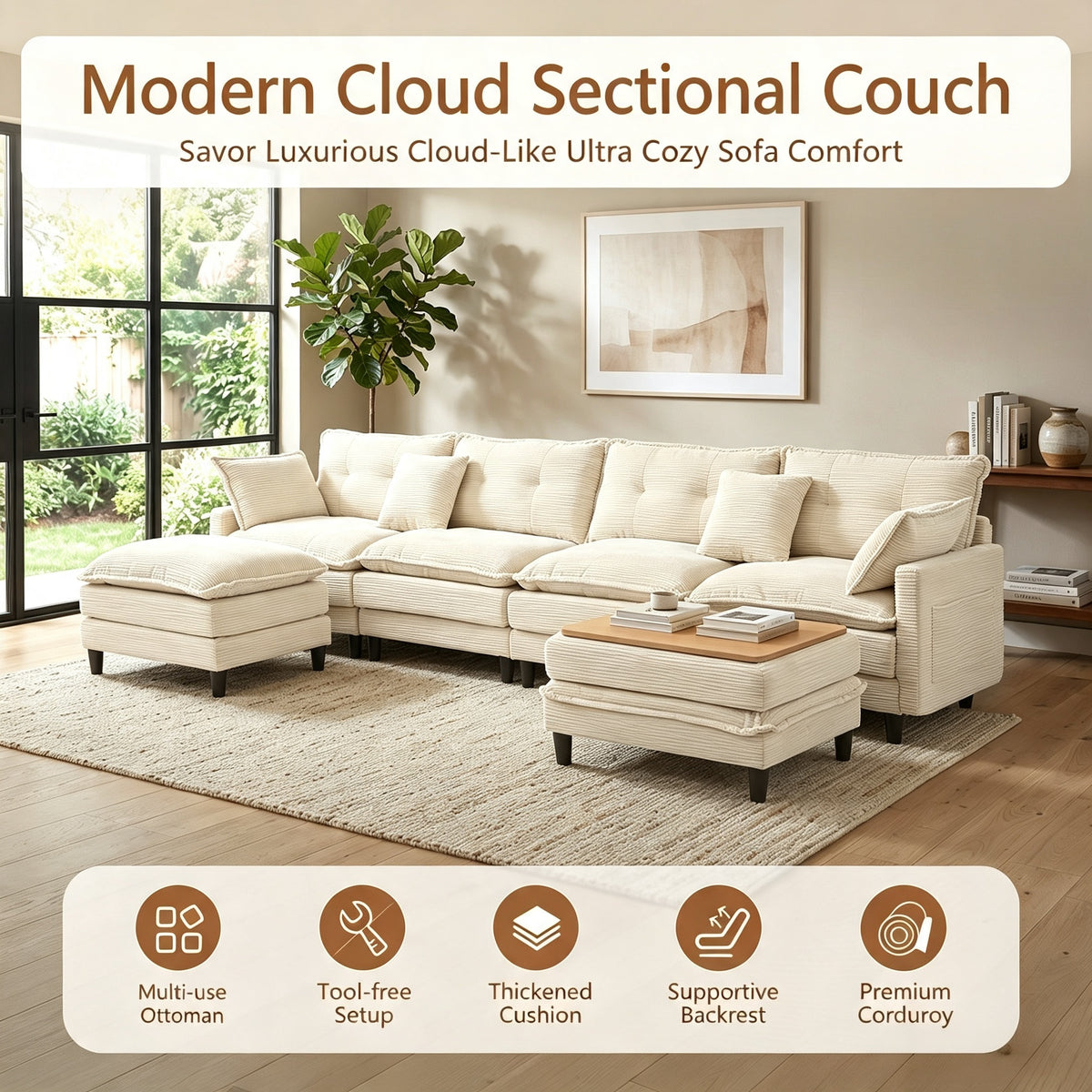 Vintagearth 141'' Modular Sectional Cloud Couch U Shaped with 2 Movable Ottomans & 4 Pillows Tool-free Easy Assembly for Living Room Apartment, Beige