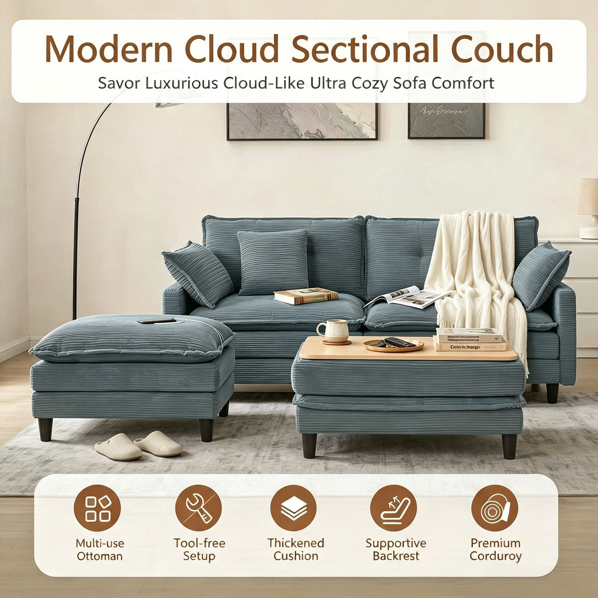 Vintagearth 73.5'' Sectional Modular Sofa Cloud Couch with 2 Ottomans & 4 Pillows Tool-free Easy Assembly for Living Room Apartment, Gray