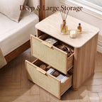 Vintagearth 3 Piece Dresser and Nightstand Set for Bedroom, Rattan 9-Drawer Dresser, 2-Drawer Nightstand Set of 2, Boho Bedroom Furniture Set, Natural Oak