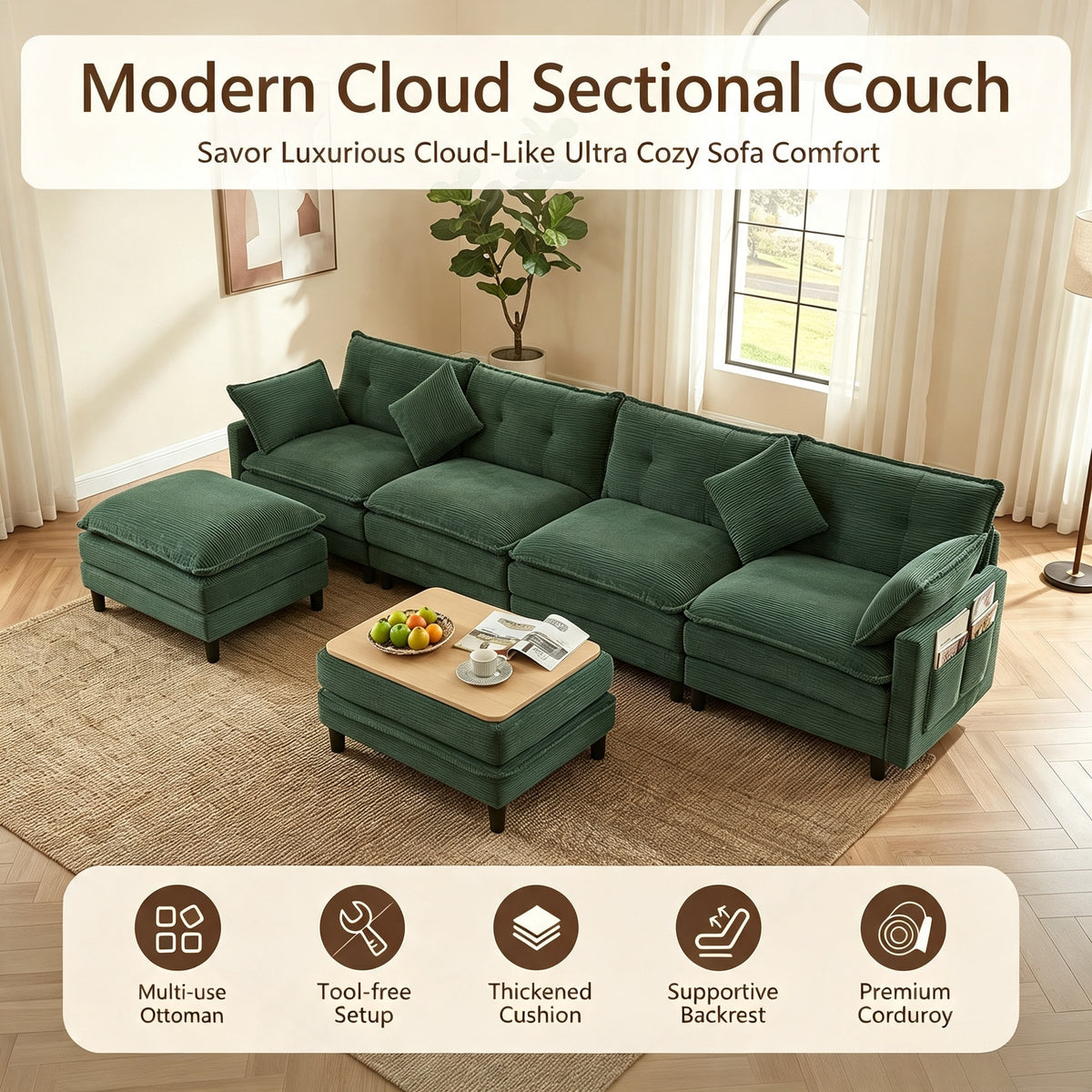 Vintagearth 141'' Cloud Couch U Shape Sectional Modular Sofa with 2 Ottomans & 4 Pillows Tool-free Easy Assembly for Living Room Apartment, Green