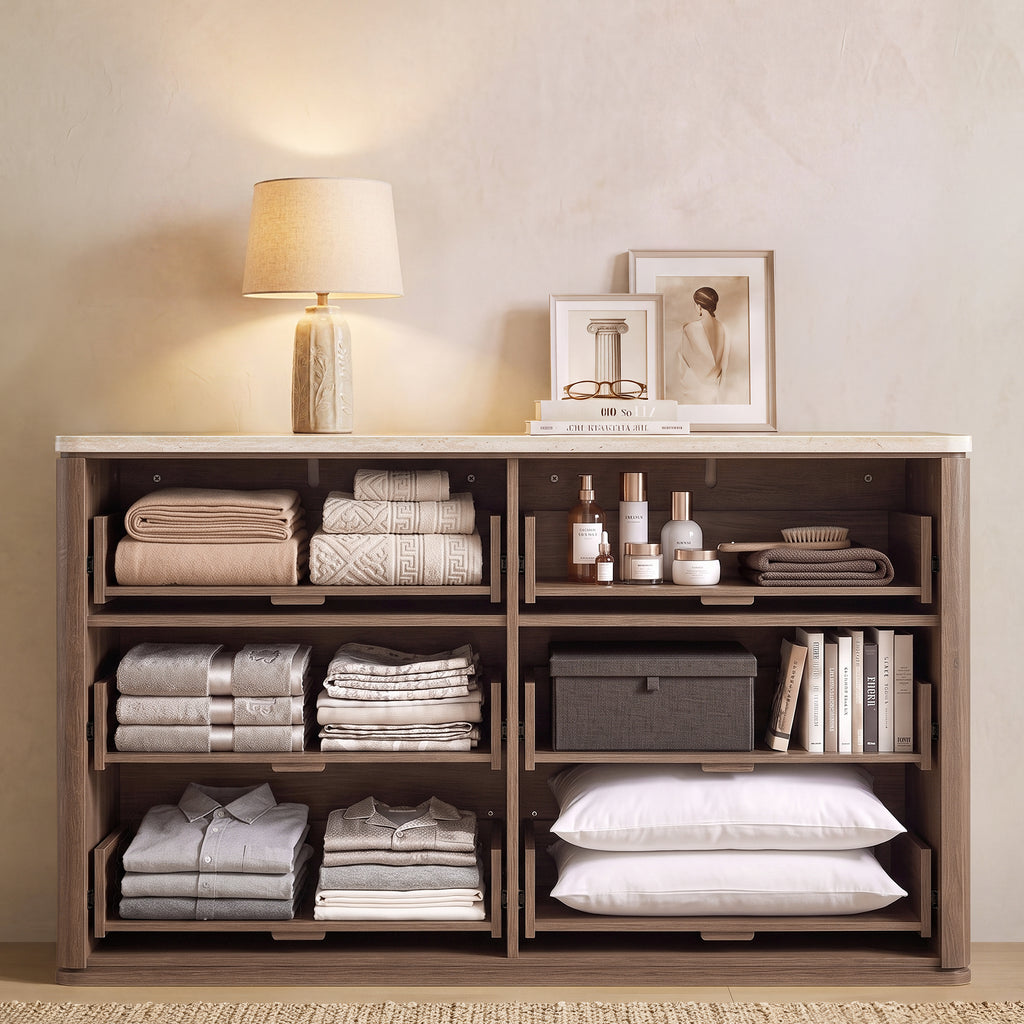 Vintagearth 6 Drawer Dresser for Bedroom, Rattan Fronts Faux Travertine Top 54.5" Wide Chest of Drawers, FSC-Certified Thick Wood, Dark Oak