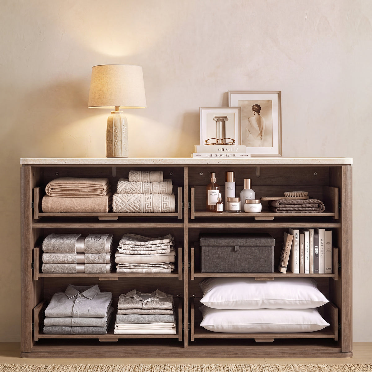 Vintagearth 6 Drawer Dresser for Bedroom, Rattan Fronts Faux Travertine Top 54.5" Wide Chest of Drawers, FSC-Certified Thick Wood, Dark Oak