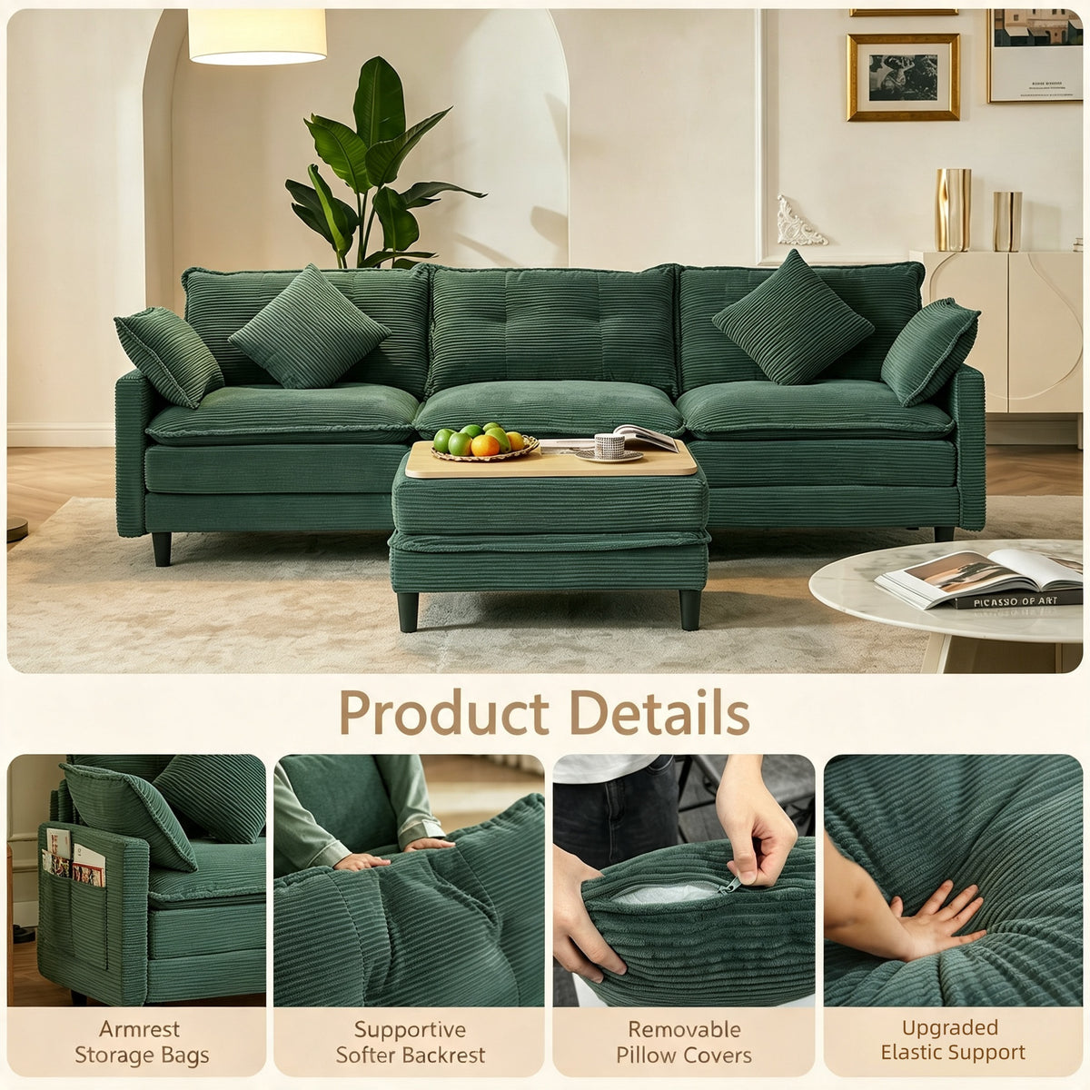 Vintagearth 108'' Sectional Modular Sofa L Shaped Cloud Couch with 1 Ottomans & 4 Pillows Tool-free Easy Assembly for Living Room Apartment, Green