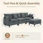 Vintagearth 108'' Sectional Modular Sofa L Shaped Cloud Couch with 1 Ottomans & 4 Pillows Tool-free Easy Assembly for Living Room Apartment, Gray