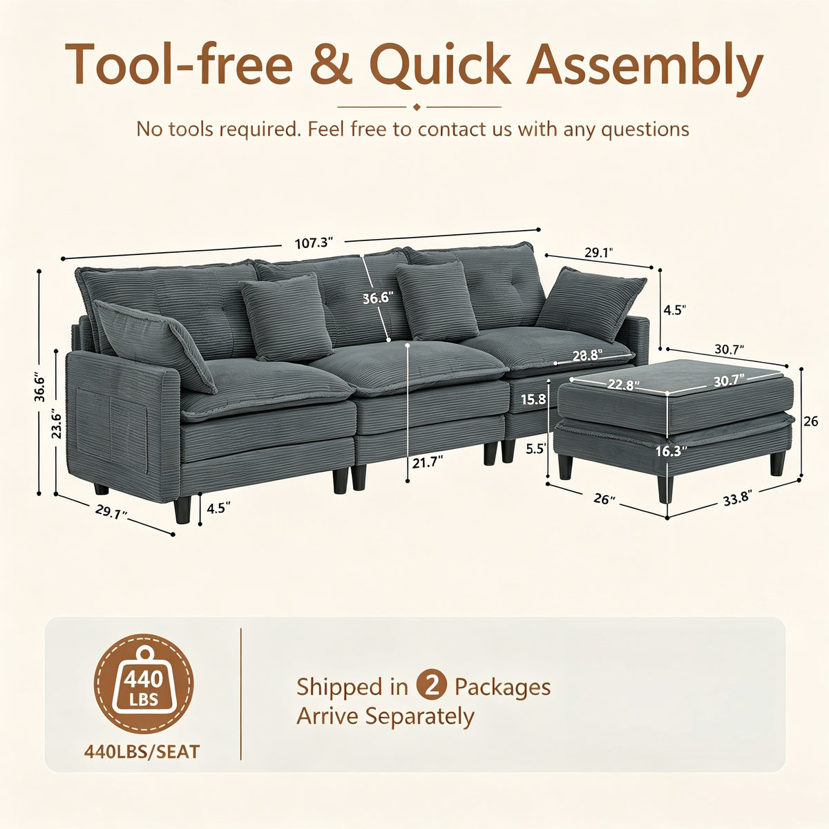 Vintagearth 108'' Sectional Modular Sofa L Shaped Cloud Couch with 1 Ottomans & 4 Pillows Tool-free Easy Assembly for Living Room Apartment, Gray