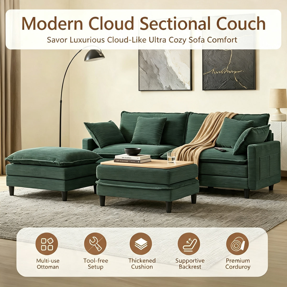 Vintagearth 73.5'' Sectional Modular Sofa Cloud Couch with 2 Ottomans & 4 Pillows Tool-free Easy Assembly for Living Room Apartment, Green