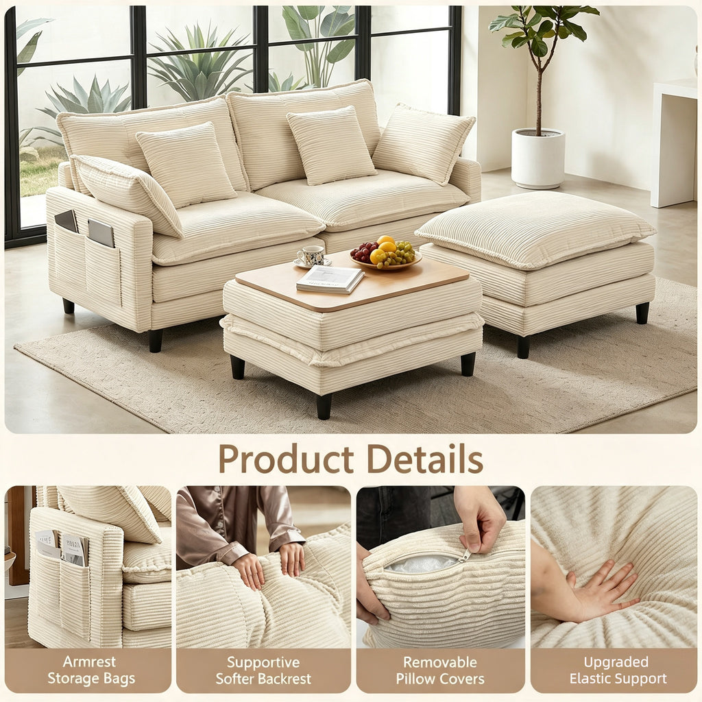 Vintagearth 73.5'' Sectional Modular Sofa Cloud Couch with 2 Ottomans & 4 Pillows Tool-free Easy Assembly for Living Room Apartment, Beige