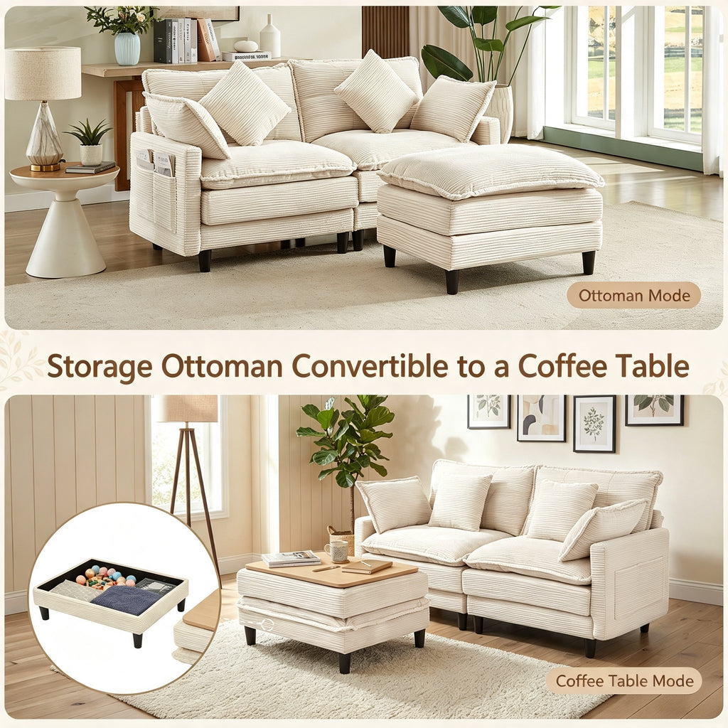 Vintagearth 73.5'' Sectional Modular Sofa Cloud Couch with 1 Ottomans & 4 Pillows Tool-free Easy Assembly for Living Room Apartment, Beige