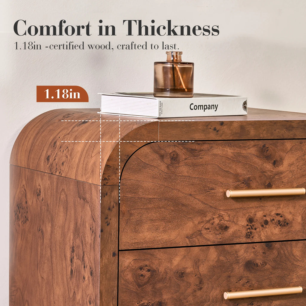 Vintagearth 6 Drawer Dresser for Bedroom, Curved 1.18" Thick FSC Certified Wood, Dark Burl